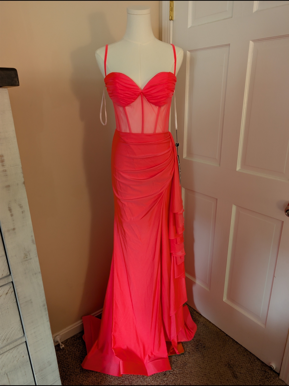 JVN by Jovani Strapless Hot Pink Ruched Corset Maxi Dress